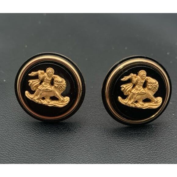 Vintage Swank Valor Cuff-Link Set Man On Lion Black Gold Tone Cufflinks Signed - Picture 1 of 5